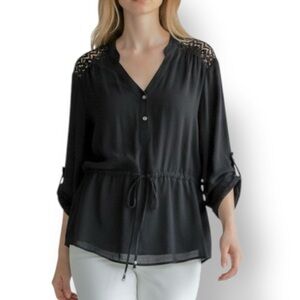 4/$20 New Directions Black Lace Yoke Boho Blouse XL Drawstring Waist Top